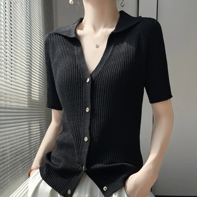 Knitted Cardigan Polo Neck Solid Color Short-Sleeved T-Shirt Summer Thin Temperament Ice Silk Slim Bottoming Shirt Woman
Knitted Cardigan Polo Neck Solid Color Short-Sleeved T-Shirt Summer Thin Temperament Ice Silk Slim Bottoming Shirt Woman