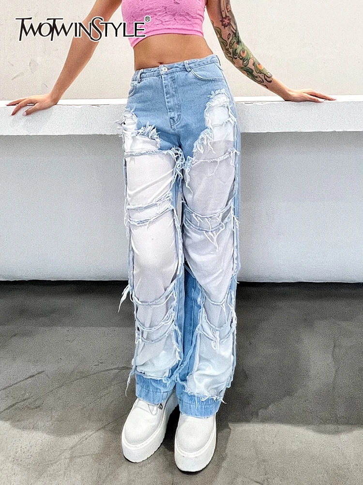 TWOTWINSTYLE Korean Fashion Jeans For Women High Waist Hole Hollow Out Patchwork Colorblock Loose Trousers Female Spring Clothes
TWOTWINSTYLE Korean Fashion Jeans For Women High Waist Hole Hollow Out Patchwork Colorblock Loose Trousers Female Spring Clothes