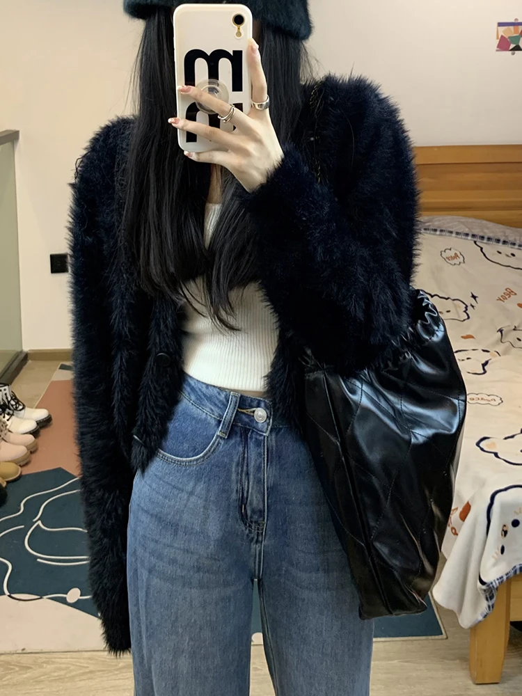 Women Black Mink Plush Top Korean Fashion Solid Knitted Warm Cardigan 2023 New Winter Casual Button Sweater Cropped Tops Clothes
Women Black Mink Plush Top Korean Fashion Solid Knitted Warm Cardigan 2023 New Winter Casual Button Sweater Cropped Tops Clothes