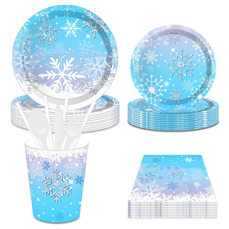 

Frozen Theme Birthday Disposable Party Tableware Snowflake Paper Plate Cups Napkins Christmas Party Decoration Baby Shower Suppl