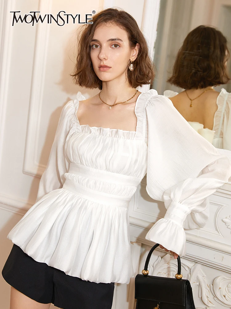 TWOTWINSTYLE Slim Ruched White Shirt For Women Square Collar Puff Sleeve Solid Minimalist Blouses Female Summer Clothes 2022 New
TWOTWINSTYLE Slim Ruched White Shirt For Women Square Collar Puff Sleeve Solid Minimalist Blouses Female Summer Clothes 2022 New