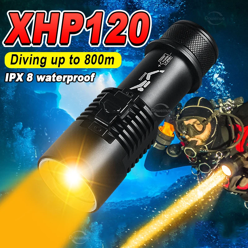 

Professional Diving Flashlight XHP120 Warm Light 800m IPX8 Underwater Waterproof Scuba Diving Torch Dive Light Hand Lamp