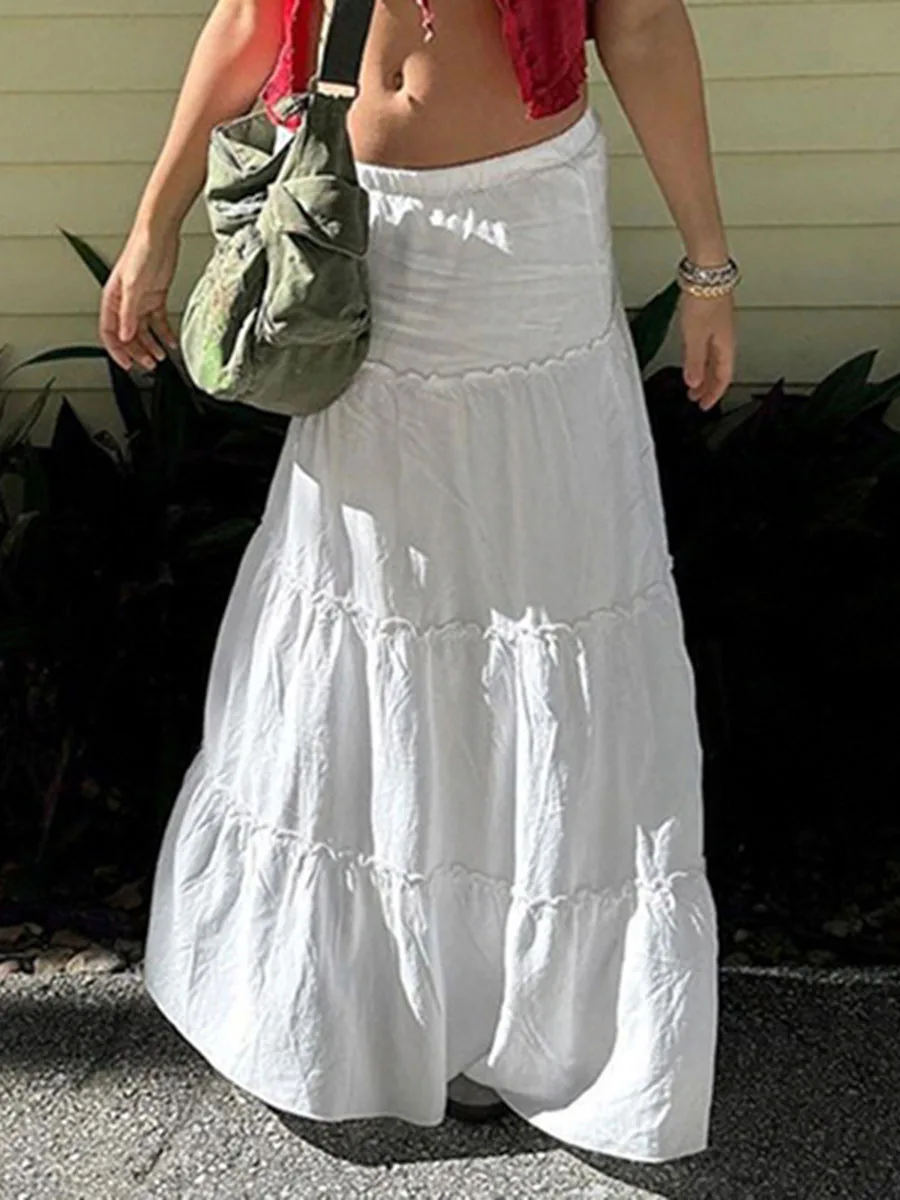 

Women s Boho Maxi Skirt with Elastic High Waist Cotton Linen A-Line Flared Long Skirt Flowy Beach Ruffle Tiered Skirt