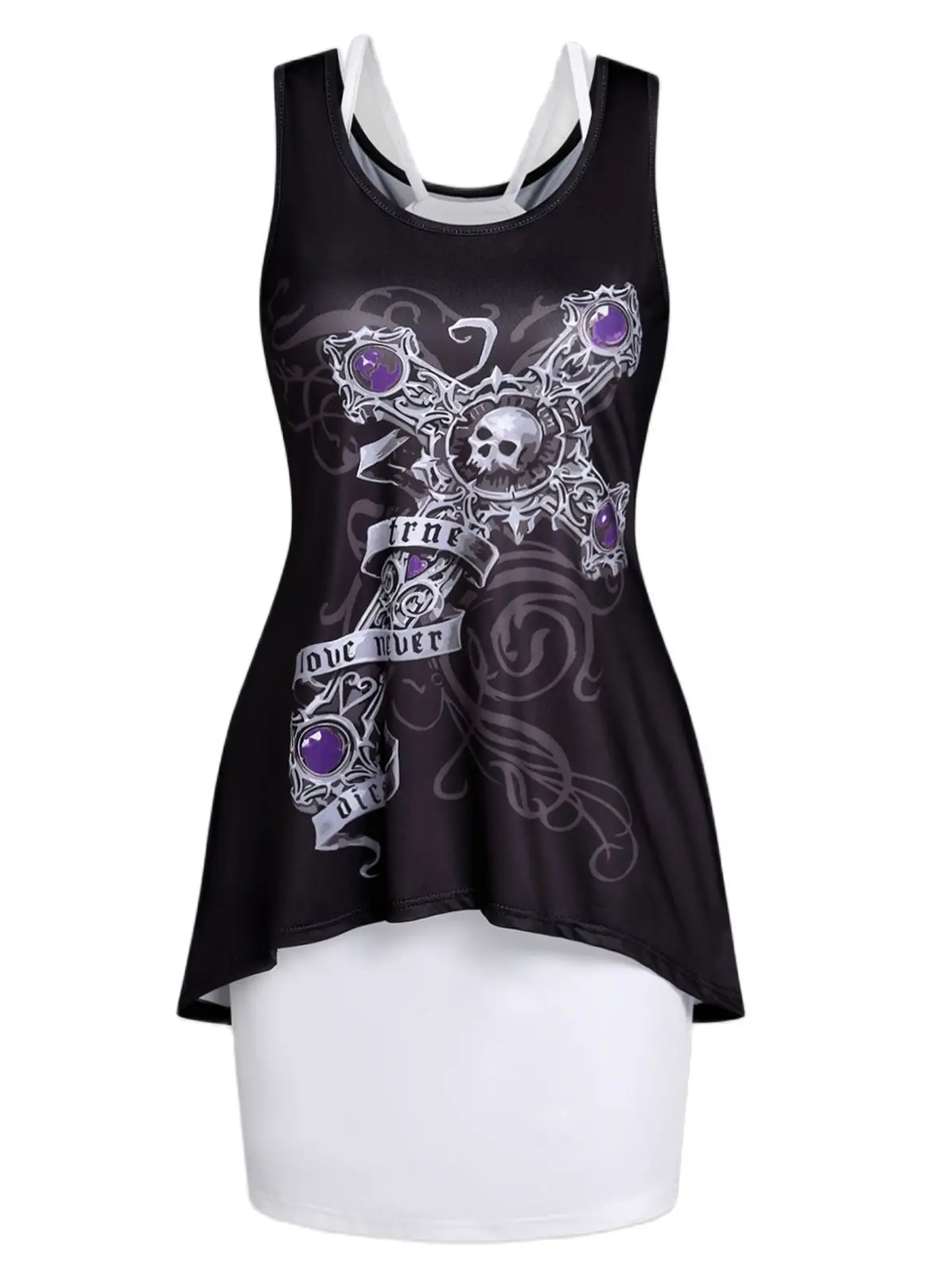 

Dressfo Gothic Dress Two Piece Style Skull Cross Print Tank and Cami Dress Halloween Sleeveless Goth Mini Dress for Women