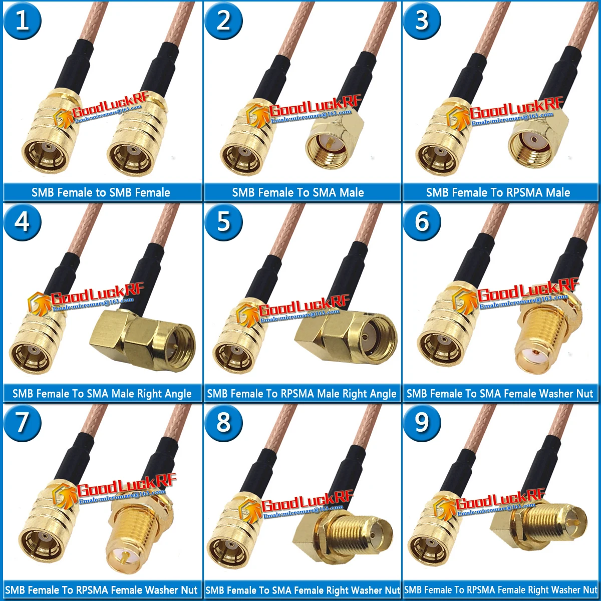 Kit Set SMB Female to SMA SMB RPSMA RP SMA Male & Female 90 Degree Right Angle Washer Bulkhead Nut Pigtail Jumper RG316 Cable
Kit Set SMB Female to SMA SMB RPSMA RP SMA Male & Female 90 Degree Right Angle Washer Bulkhead Nut Pigtail Jumper RG316 Cable