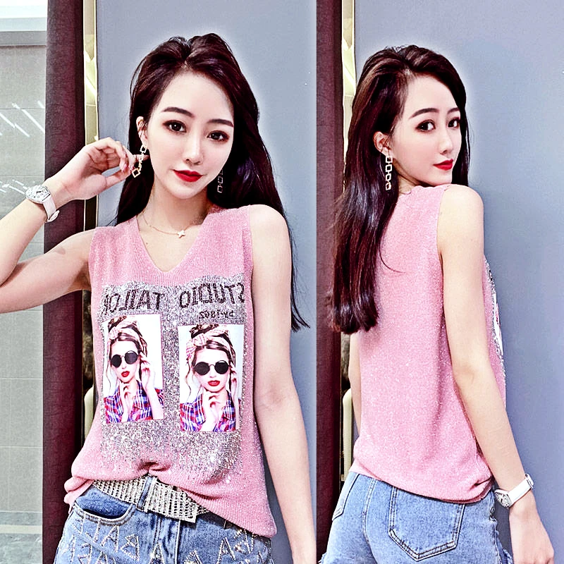 Hot-selling Top Rhinestone Bright Silk Sleeveless Vest Women's Spring and Summer New V-neck Loose Joker Sling Knit Top T-shirt
Hot-selling Top Rhinestone Bright Silk Sleeveless Vest Women's Spring and Summer New V-neck Loose Joker Sling Knit Top T-shirt