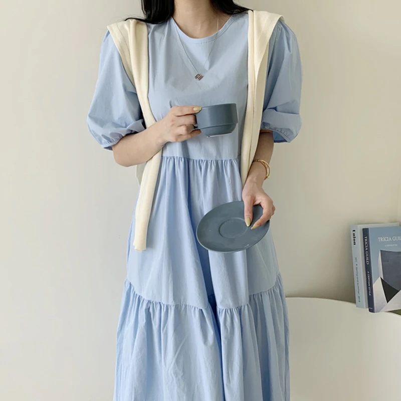 Korean Chic O Neck Puff Sleeve Summer Women Dresses Vintage Solid Elegant OL Dress Japanese Sweet Vestidos Femme
Korean Chic O Neck Puff Sleeve Summer Women Dresses Vintage Solid Elegant OL Dress Japanese Sweet Vestidos Femme