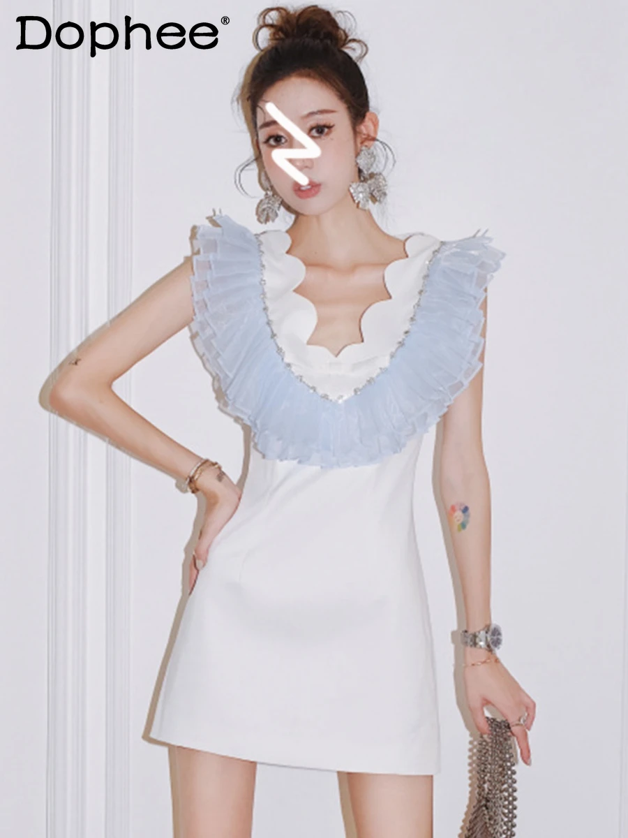 Elegant Ruffled Beaded Contrast Color Rhinestone Evening Party Bodycon Dress Women French White Backless Gauzy Mini Dress Summer
Elegant Ruffled Beaded Contrast Color Rhinestone Evening Party Bodycon Dress Women French White Backless Gauzy Mini Dress Summer