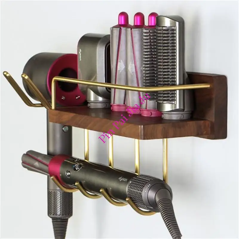 

Bathroom Storage Rack Retro Hair Dryer for Dyson Holder Hairdressing Organizer Wood Brass Hair Curler Straightener Rack