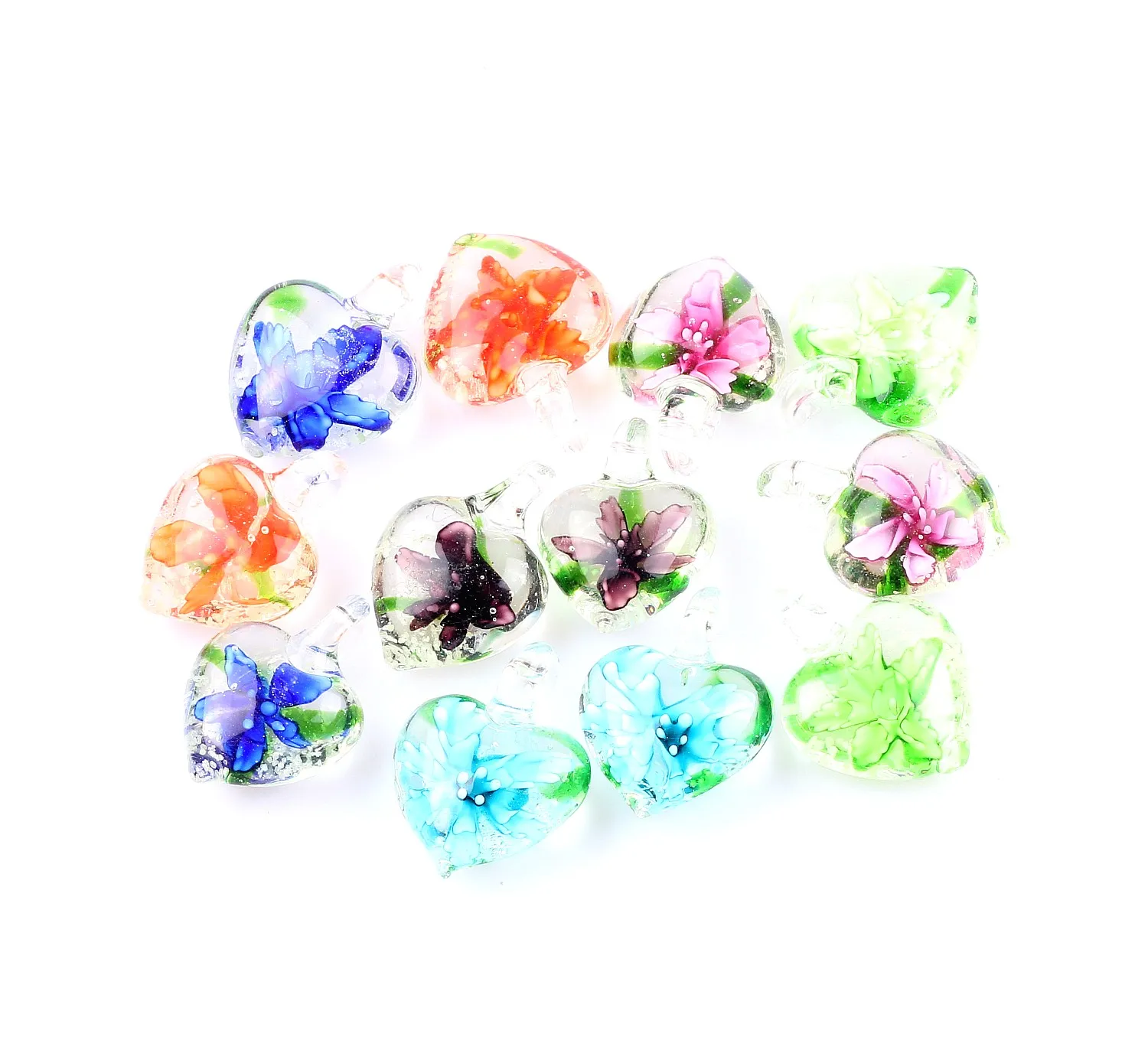 

Qianbei Fashion Wholesale 12pcs Handmade Murano Lampwork Glass Mixed Color Heart Pendant Fit Earring Necklaces New
