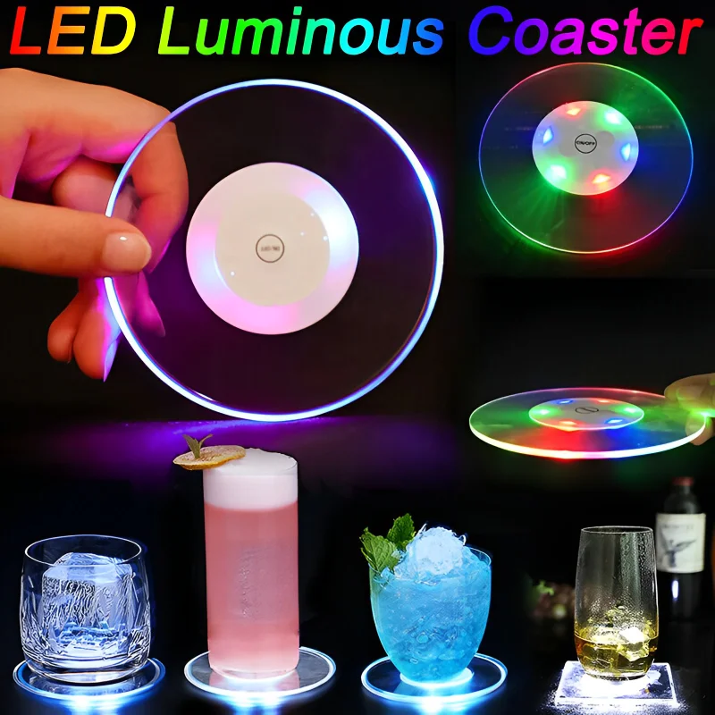 

LED Glow Coaster Acrylic Crystal Emitting Luminous Bar Cocktail Mug Stand Light Coasters Flashing Base Tableware Decoration Pads