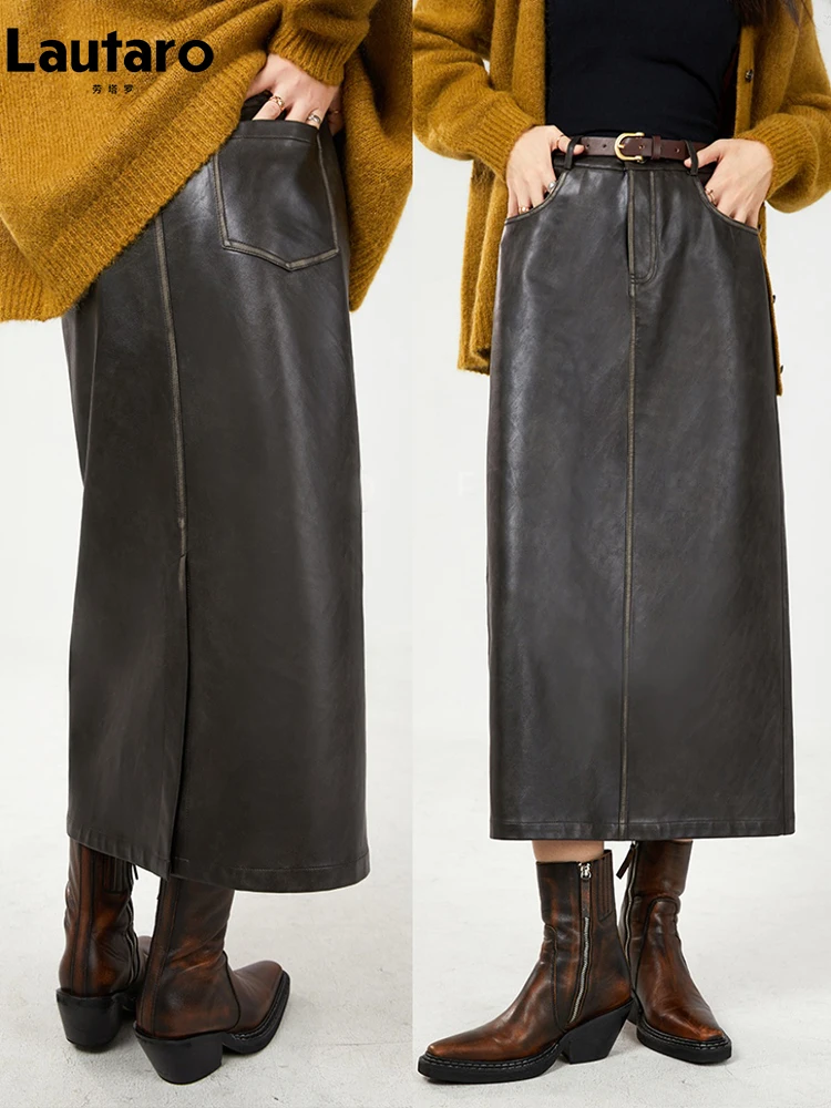 Lautaro Autumn Vintage Distressed Pu Leather Skirts for Women with Back Slit High Waist Luxury Chic Long Korean Style Clothes
Lautaro Autumn Vintage Distressed Pu Leather Skirts for Women with Back Slit High Waist Luxury Chic Long Korean Style Clothes
