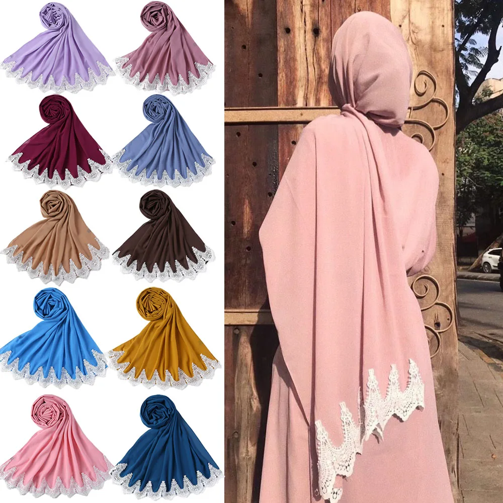 Trendy Plain Bubble Heavy Chiffon Hijab Scarf Wrap with White Embroidered Lace Solid Color Shawl Headband Muslim Hijabs Scarves
Trendy Plain Bubble Heavy Chiffon Hijab Scarf Wrap with White Embroidered Lace Solid Color Shawl Headband Muslim Hijabs Scarves