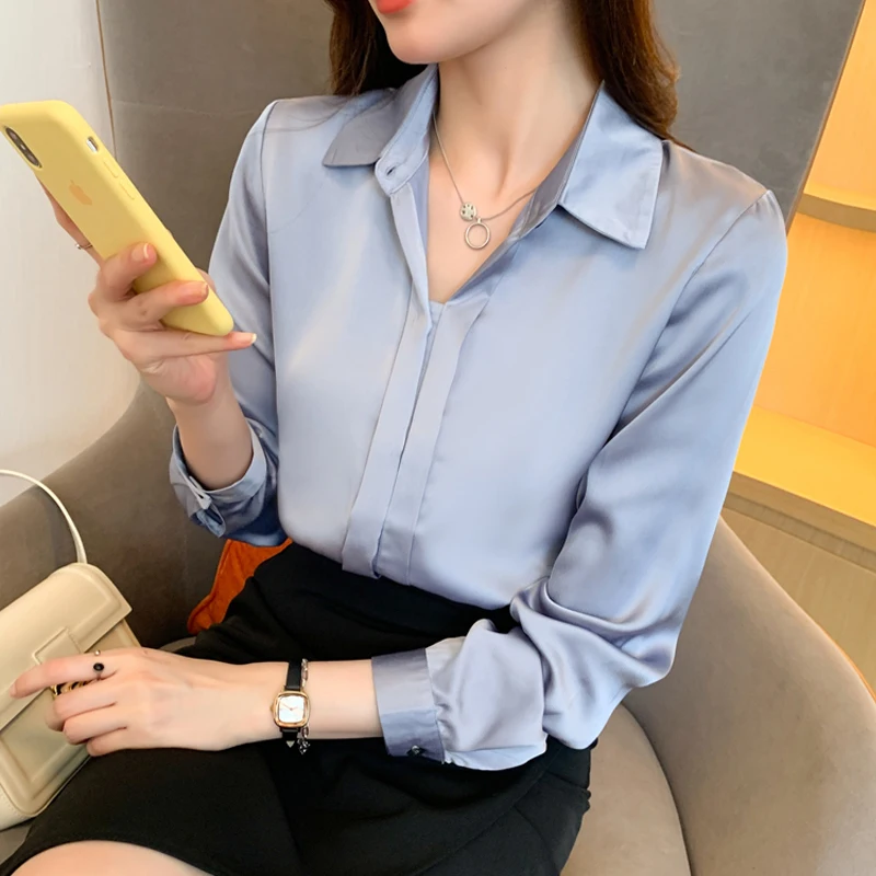 

Spring 2023 Women Blouse New Turndown collar Office lady Tops Solid color Long sleeve Satin Silk Chiffon shirt Blusa