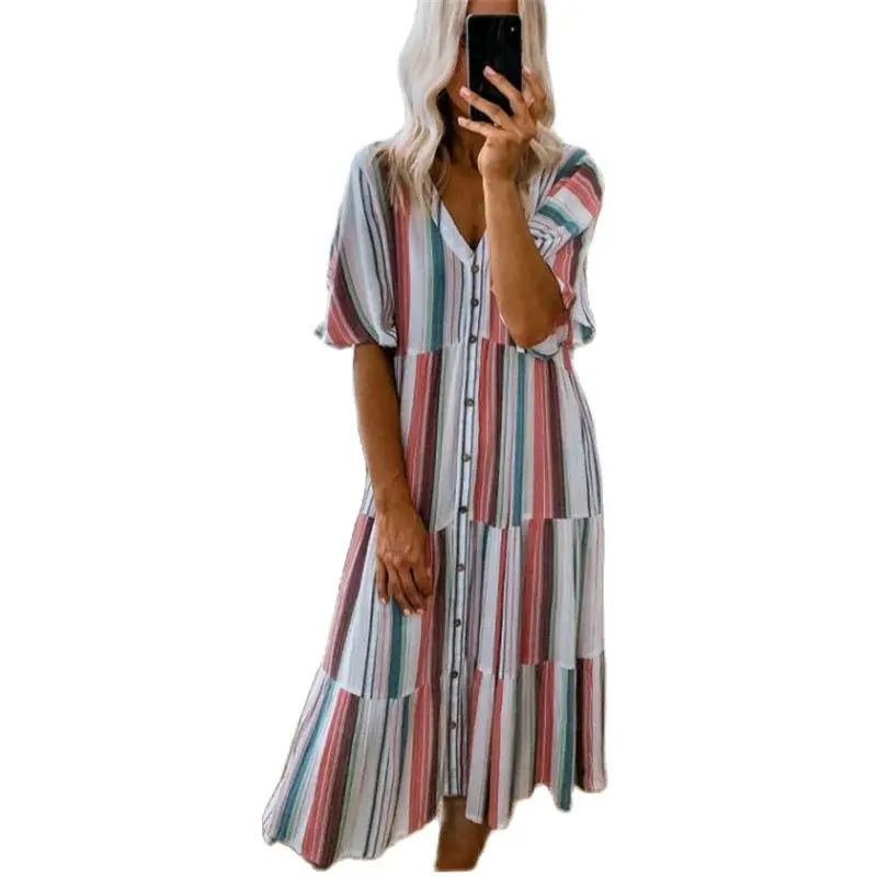 New Women Summer Loose Style Dress Mixed Color Casual Holiday Dress Fashion Button Women Beach Dress Drop Shipping
New Women Summer Loose Style Dress Mixed Color Casual Holiday Dress Fashion Button Women Beach Dress Drop Shipping