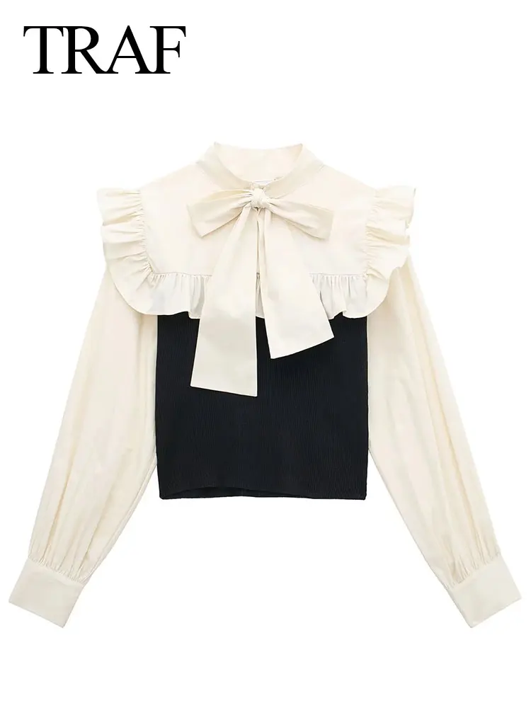TRAF Women's Fashion Knit Crop Slim Blouses Vintage Bow Turtleneck Long Sleeve Paneled Knitted Tops Shirt Chic Streetwear
TRAF Women's Fashion Knit Crop Slim Blouses Vintage Bow Turtleneck Long Sleeve Paneled Knitted Tops Shirt Chic Streetwear