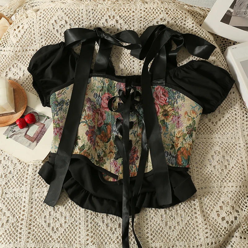 French Ruffle Cropped Tops Women 2023 Summer Square Neck Bow Tie Splicing Floral Short Y2K Casual Sexy Tops
French Ruffle Cropped Tops Women 2023 Summer Square Neck Bow Tie Splicing Floral Short Y2K Casual Sexy Tops