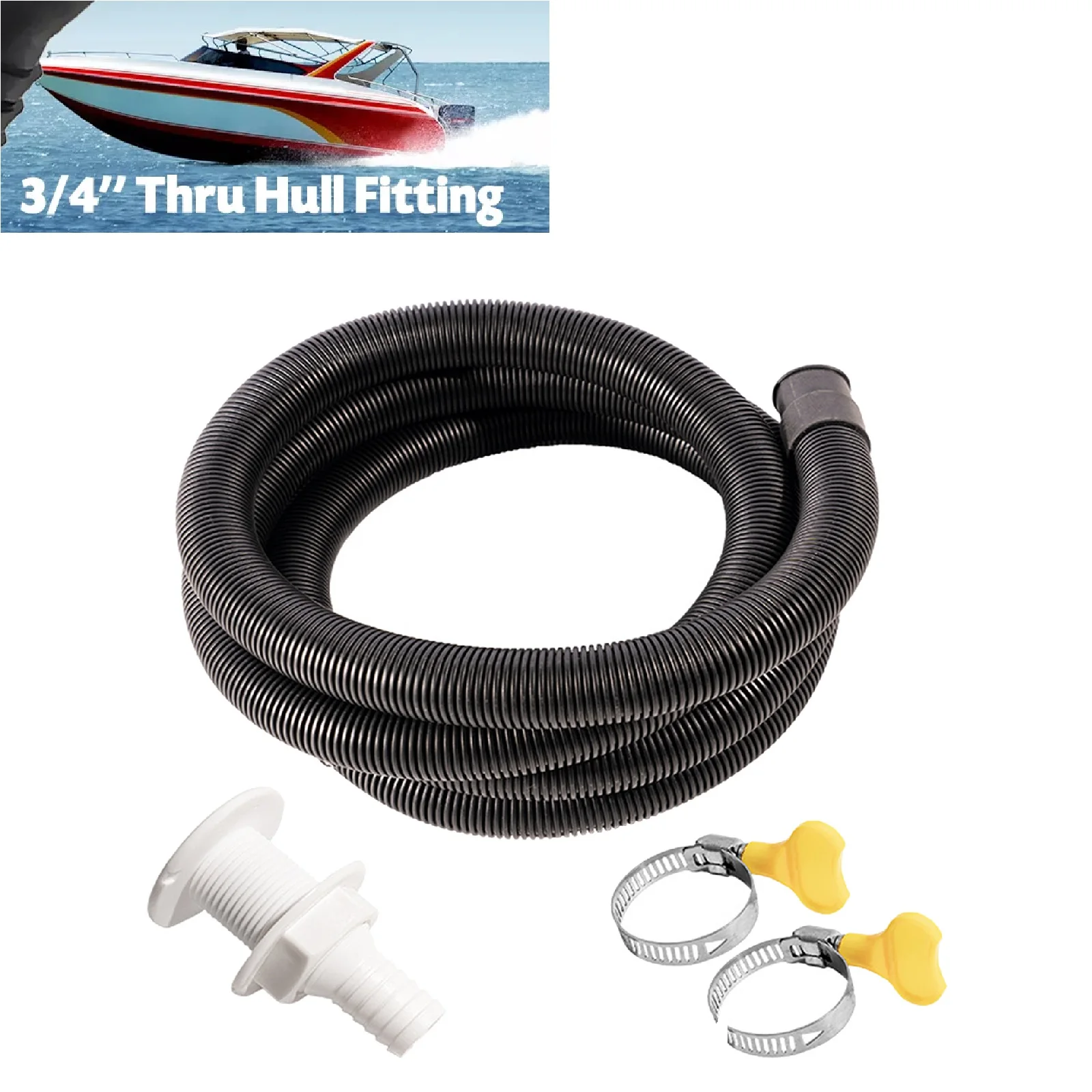 Flexible Bilge Pump Hose Installation Kit 3/4-Inch Diameter 6.6 FT for Boats with 2 Clamps and Thru-Hull Fitting
Flexible Bilge Pump Hose Installation Kit 3/4-Inch Diameter 6.6 FT for Boats with 2 Clamps and Thru-Hull Fitting