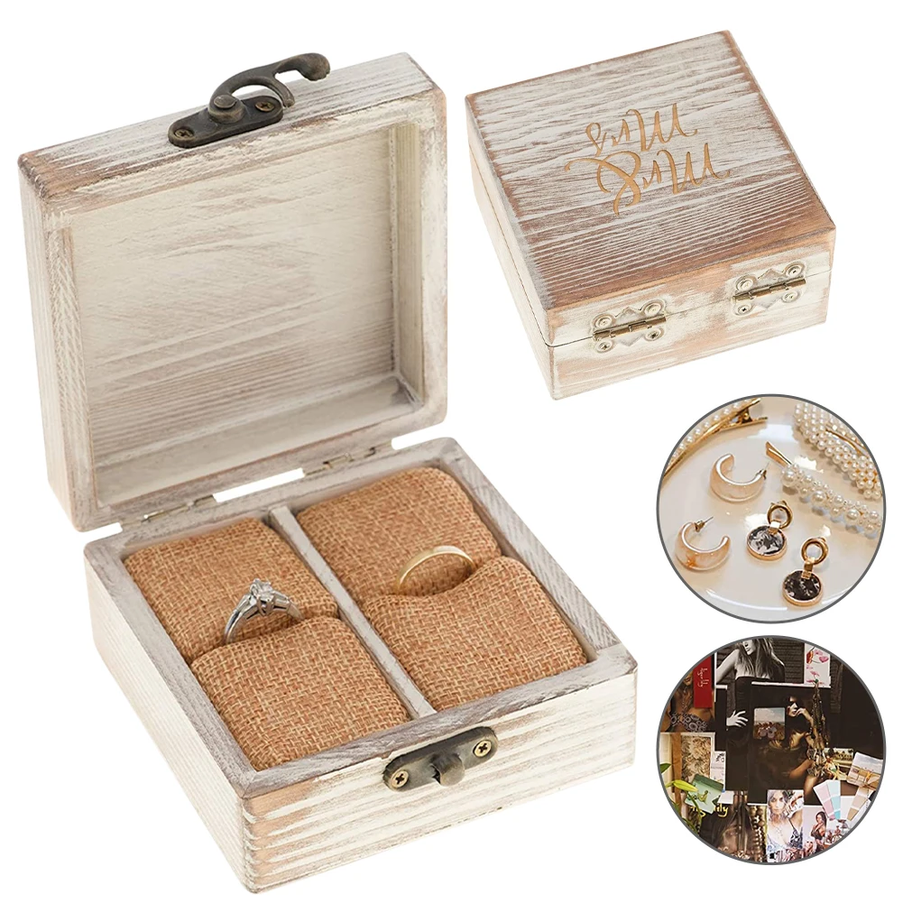 

Wooden Square Wedding Ring Box Storage Box for Him and Her Mr. and Mrs. Ring Holder 2 Slots Flip Lid for Wedding Anniversary