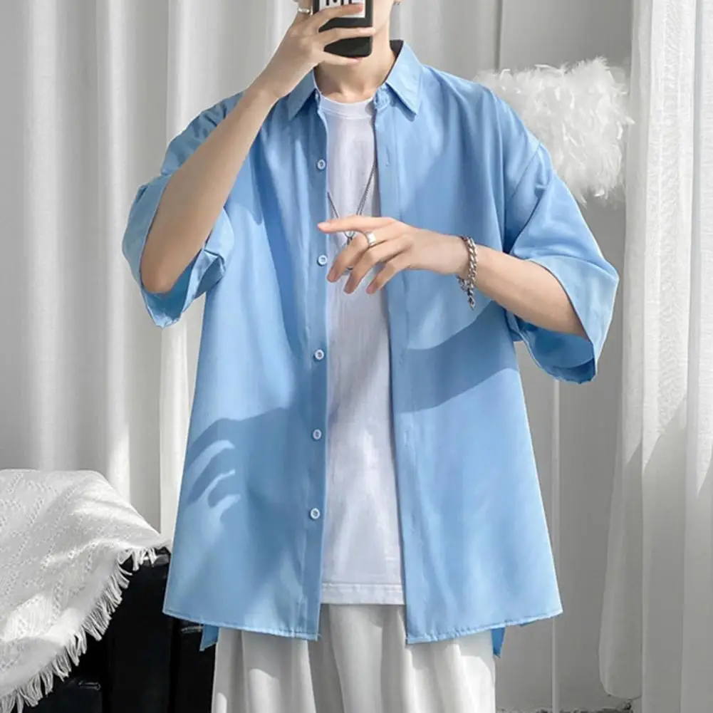 Men Shirt Single-breasted Half Sleeve Casual Shirt Solid Color Loose Turn-down Collar Summer Top
Men Shirt Single-breasted Half Sleeve Casual Shirt Solid Color Loose Turn-down Collar Summer Top