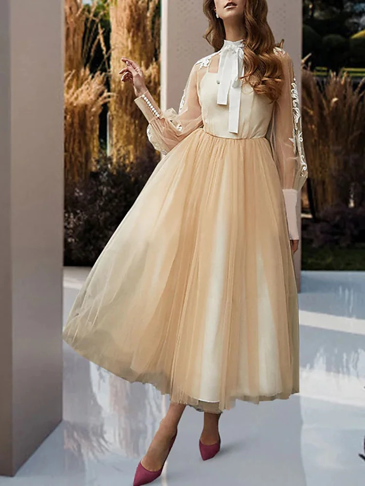 Long Wedding Dress for Women Bride 2023 A-Line High Neck Tea Length Lace Tulle Sleeveless with Bow Party Vestido De Noiva Robe 
Long Wedding Dress for Women Bride 2023 A-Line High Neck Tea Length Lace Tulle Sleeveless with Bow Party Vestido De Noiva Robe