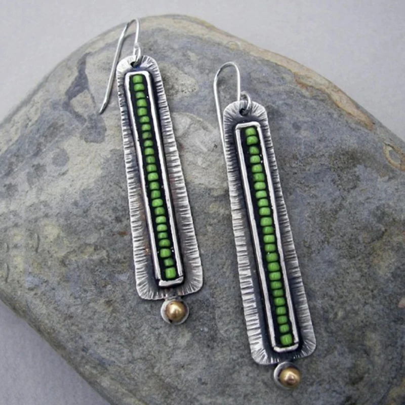 

Super Long Green Beads Stone Dangle Earring Exaggerated Jewelry Antique Silver Color Carved Metal Large Earrings 2022 New