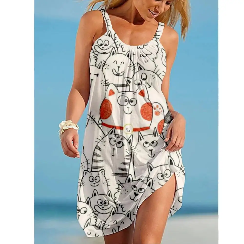 

vestidos de verão mulher dos desenhos animados gato impresso vestido feminino sexy praia bohemain midi sem mangas beachwear2022