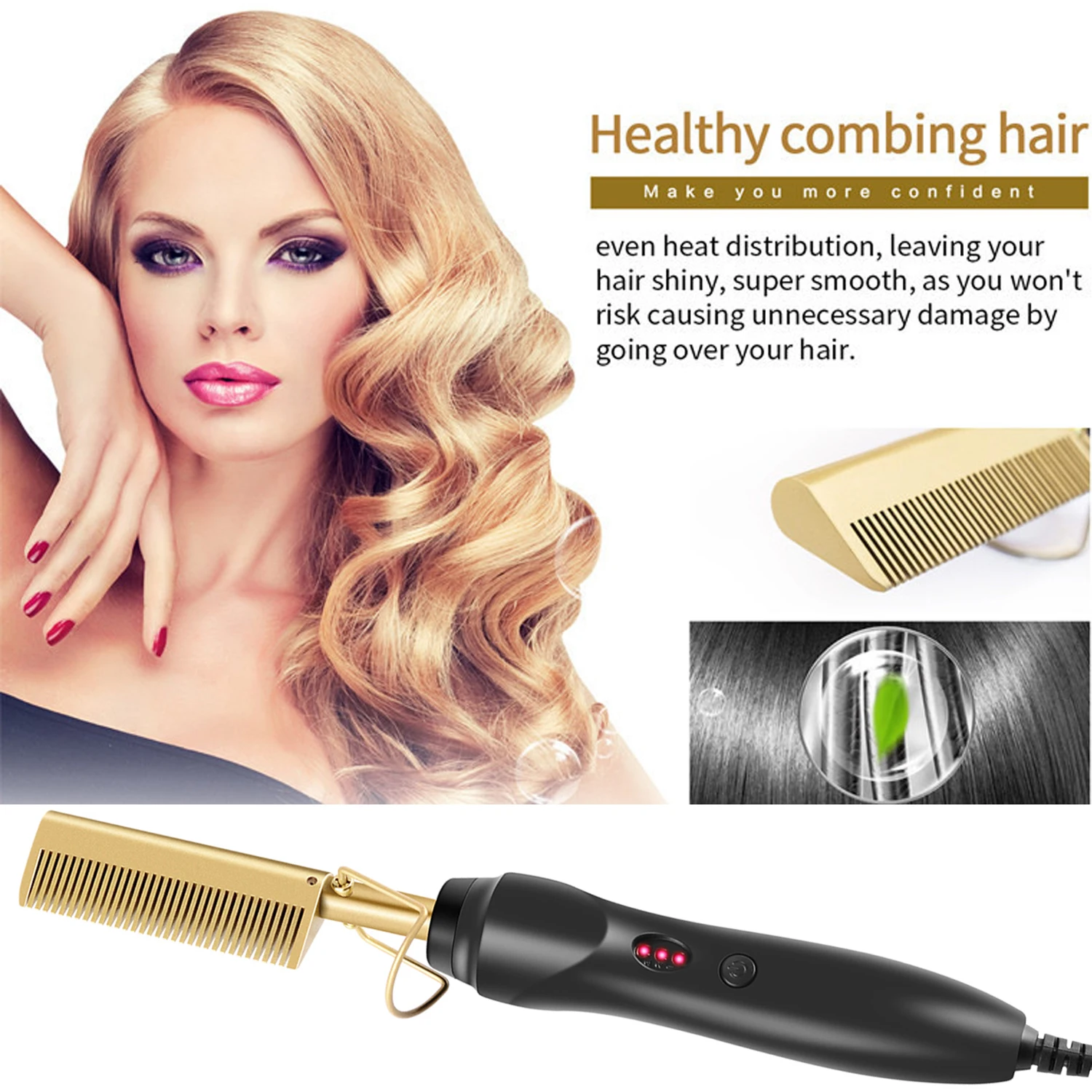 

Leeons Black Hot Comb Hair Straightener Flat Iron Electric Heating Wet And Dry Curler Straight Styler Curling