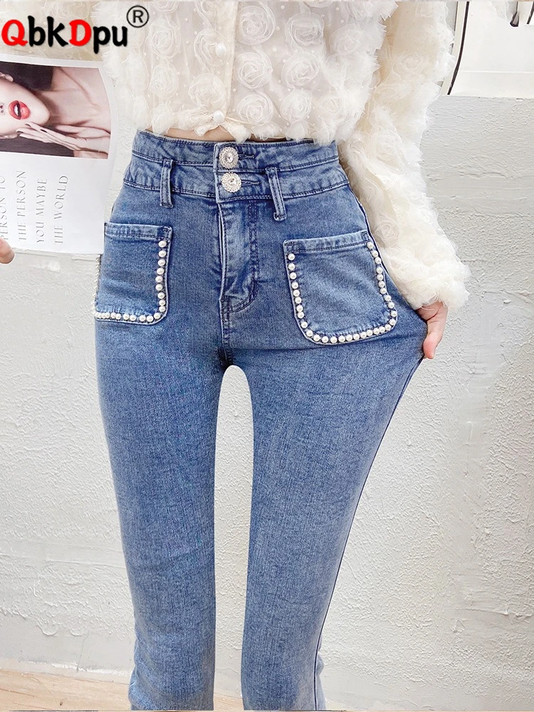 

Skinny Beading Denim Pants Vintage High Waist Flare Jeans New Woman Strecth Vaqueros Korean Spring Fall Fashion Pantalones