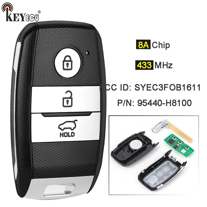 Чип KEYECU 433 МГц, 8 А, артикул: 95440-H8100 FCC ID: SYEC3FOB1611, интеллектуальный дистанционный автомобильный брелок без ключа для Kia Rio Stonic 2017 2018 2019