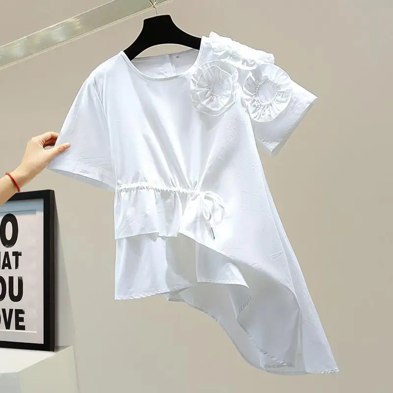 Lady fashion flower tie waist shirt 2021 summer Korean version loose and thin solid color irregular ruffle blouse female casual
Lady fashion flower tie waist shirt 2021 summer Korean version loose and thin solid color irregular ruffle blouse female casual