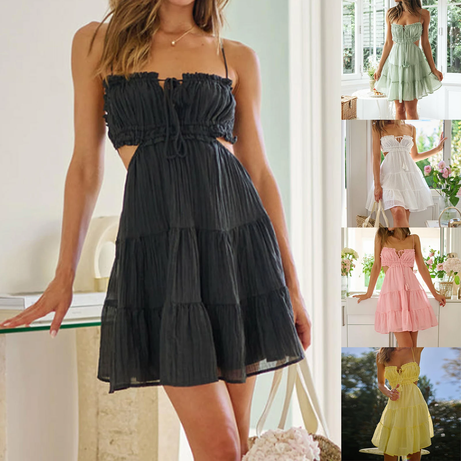 Women Spaghetti Strap Dress Sexy Boho Style Ladies Summer Mini Dresses Slash Neck Hollow Out Backless Tie Up Vacation Suit 
Women Spaghetti Strap Dress Sexy Boho Style Ladies Summer Mini Dresses Slash Neck Hollow Out Backless Tie Up Vacation Suit