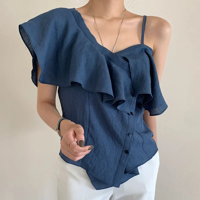 Korean Chic Elegant Womanly Thin Shoulder Care Machine Ruffle Stitching Side Single Breasted Suspender Shirt 
Korean Chic Elegant Womanly Thin Shoulder Care Machine Ruffle Stitching Side Single Breasted Suspender Shirt