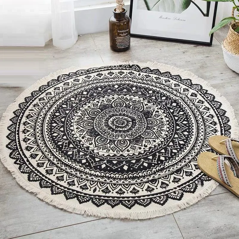 

Bohomian Home Round Cotton Linen Carpets for Living Room Anti-Slip Floor Mat Mandala Carpet Bedroom Boho Mat Macrame Area Rugs