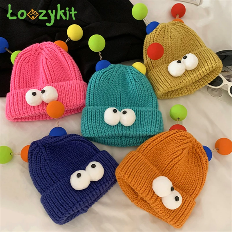 

Girls Woollen Hat Cartoon Big Eyes Small Monster Kids Knitted Cap Autumn Winter Funny Couple Knitted Warm Beanie Cold Caps