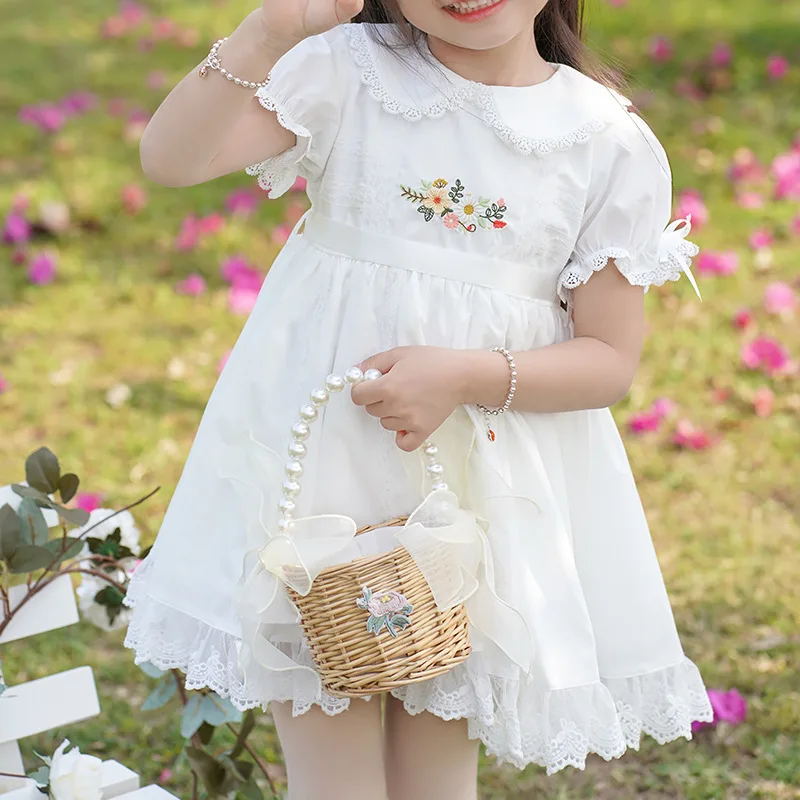 

2023 Baby Girls Summer New Dress Kids Embroidery Clothing Puff Sleevelss White Dresses Toddlers Children'S Day Clothes Outfits