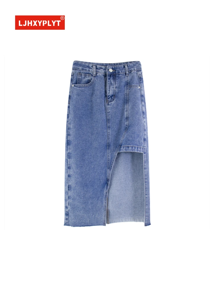 

Irregular Half Body Denim Skirt Women's Summer New Retro HKStyle Split One-step Bag Hip Mid-length Blue Jean Skirt Female