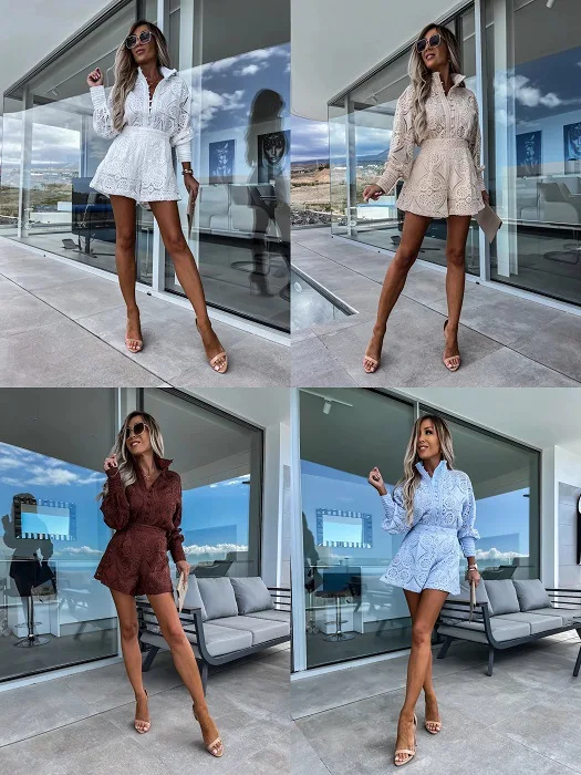 Fashion Casual Lace Suit Long-Sleeved Top + Shorts Sets Summer Neweurope and America Elegant Temperament Short Two Piece Outfits
Fashion Casual Lace Suit Long-Sleeved Top + Shorts Sets Summer Neweurope and America Elegant Temperament Short Two Piece Outfits