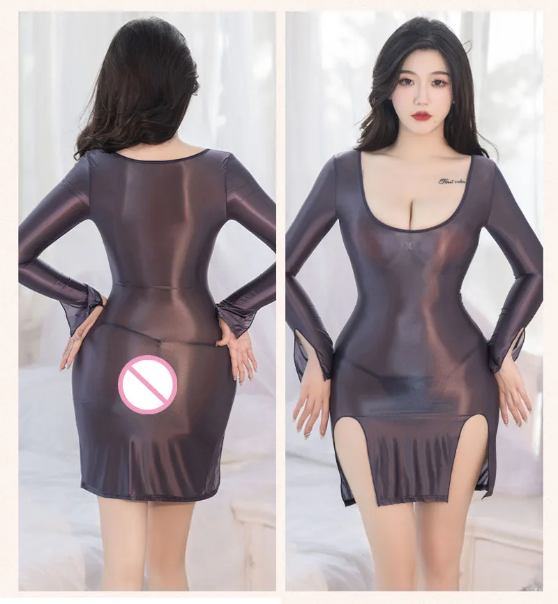 

Women Sexy Lingerie Transparent Glossy Long Sleeve Hemline Cut Tights Dress With Thong See Through Miniskirt Club Wear