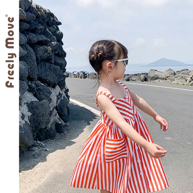 

Freely Move Children Girls Summer Dress Sleeveless Striped Pockets Girls Princess Dress Beach Wear Kids Dresses Fashion Costume