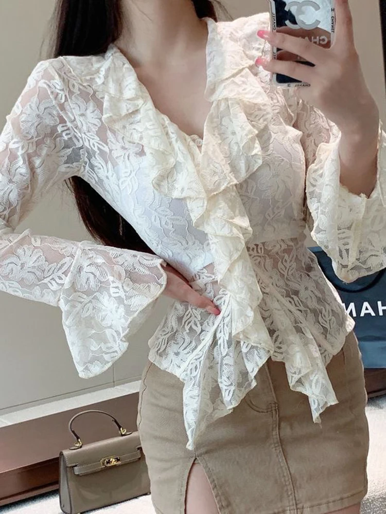 Zoki Lace Shirt Women Sexy Hollow Out Slim Blouse Korean Elegant Flare Sleeve Fashion V Neck Irregular All Match Female Tops
Zoki Lace Shirt Women Sexy Hollow Out Slim Blouse Korean Elegant Flare Sleeve Fashion V Neck Irregular All Match Female Tops