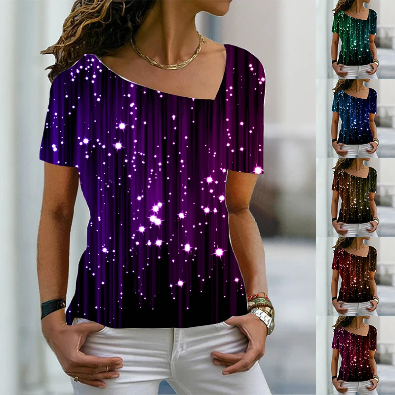 

Новинка 2022, летняя женская модная футболка с абстрактным геометрическим принтом и V-образным вырезом, базовые Топы/рубашка с 3D фотографией ...