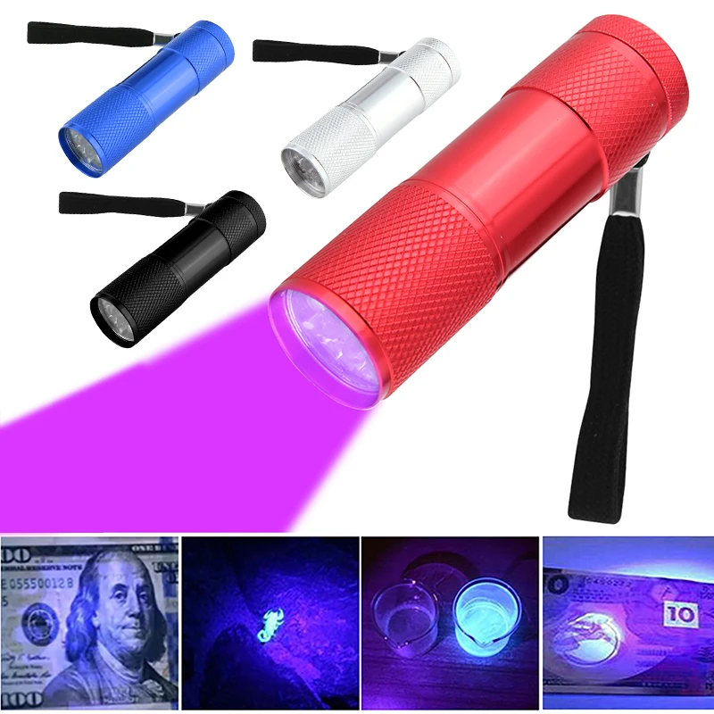 

9LED UV Mini Portable Flashlight Purple Light Anti-Skid 395nm Backlight Ultraviolet Torch Detector Lamp Purple Money Detector