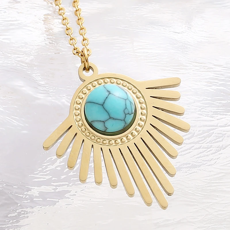 Boho Natural Stone Necklace Turquoise Scalloped Pendant Gold Stainless Steel Clavicle Chain Necklaces for Women Fashion Jewelry
Boho Natural Stone Necklace Turquoise Scalloped Pendant Gold Stainless Steel Clavicle Chain Necklaces for Women Fashion Jewelry