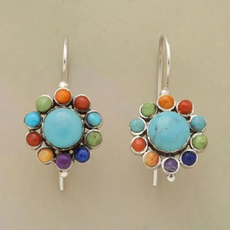 New Boho Vintage 925 Silver Filling Multicolor Turquoise Round Earrings Ethnic Personality Drop Earrings for Women
New Boho Vintage 925 Silver Filling Multicolor Turquoise Round Earrings Ethnic Personality Drop Earrings for Women