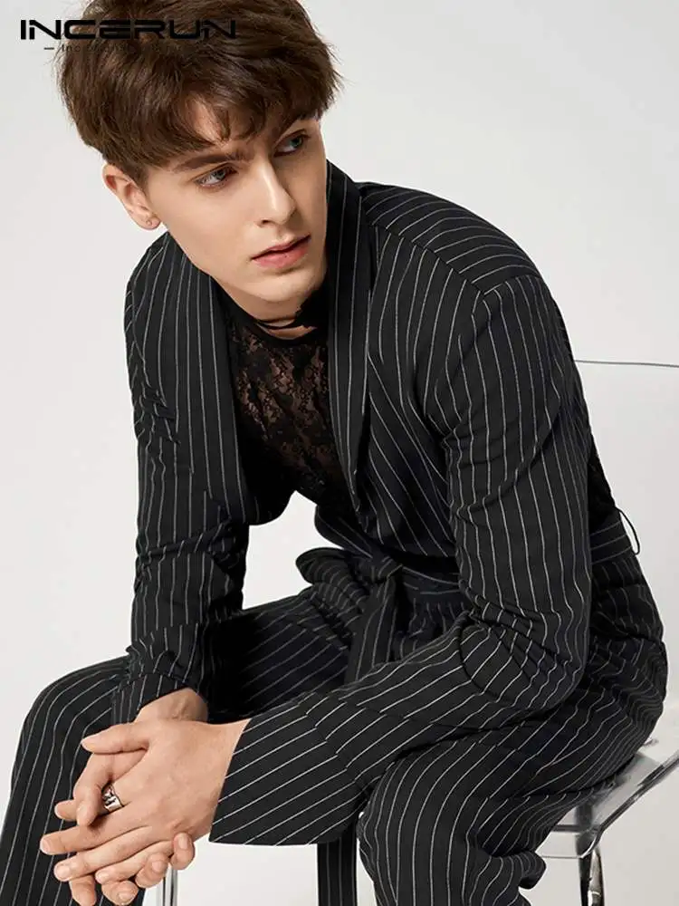 

Handsome Well Fitting Tops INCERUN Men Casual Party Shows Hot Sale Blazer Fashion Male Striped Arc Pendant Short Suit S-5XL 2022