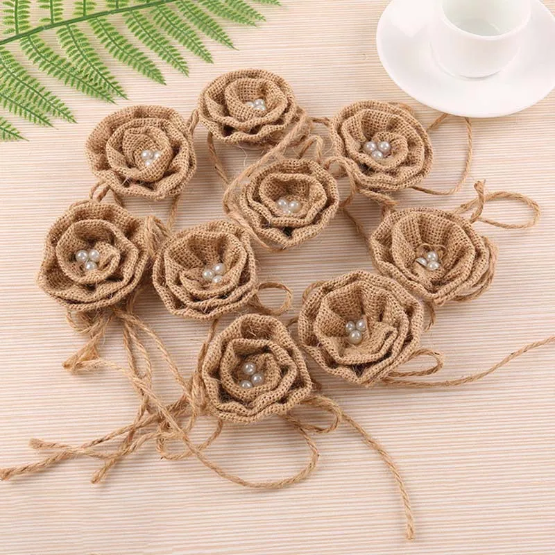 

4Pcs Handmade Jute Burlap Retro Country Shabby Chic Rose Flower Rustic Wedding Party DIY Decorative Supplies Hessian Ribbon Bow