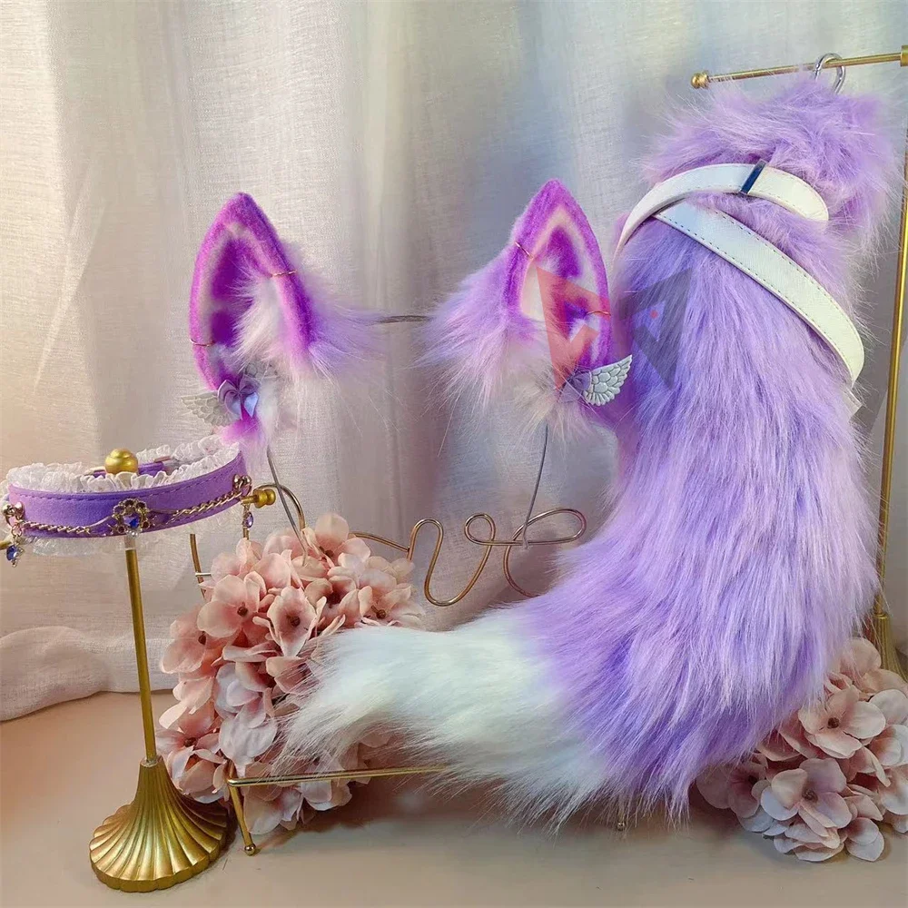

New Handmade Work Purple Fox Ears Hairhoop Tail Necklace Earrings Cosplay Carnaval Gothic Lolita Acessories Headwear