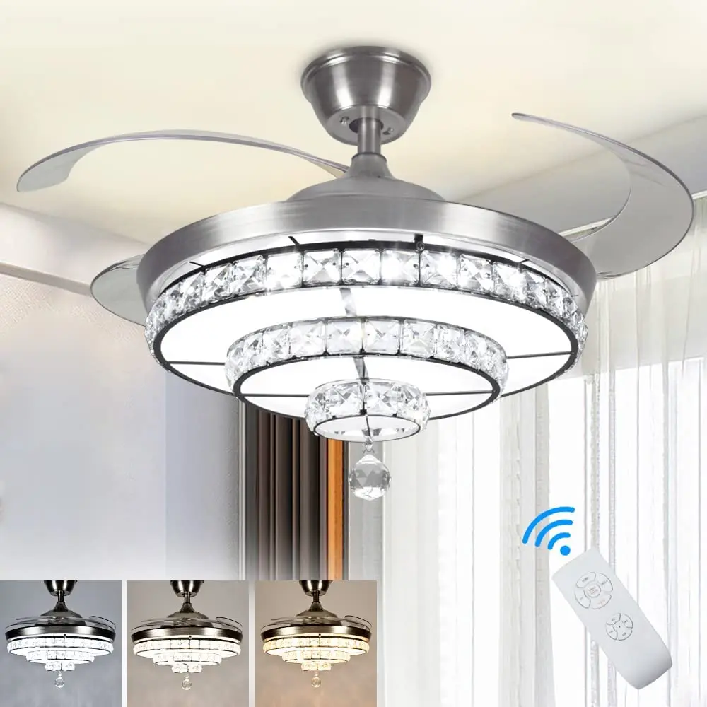

Depuley 36W Remote Crystal Ceiling Fan with Light 3-Blade Retractable LED Fan Chandelier Color Changeable for Living Room Ect