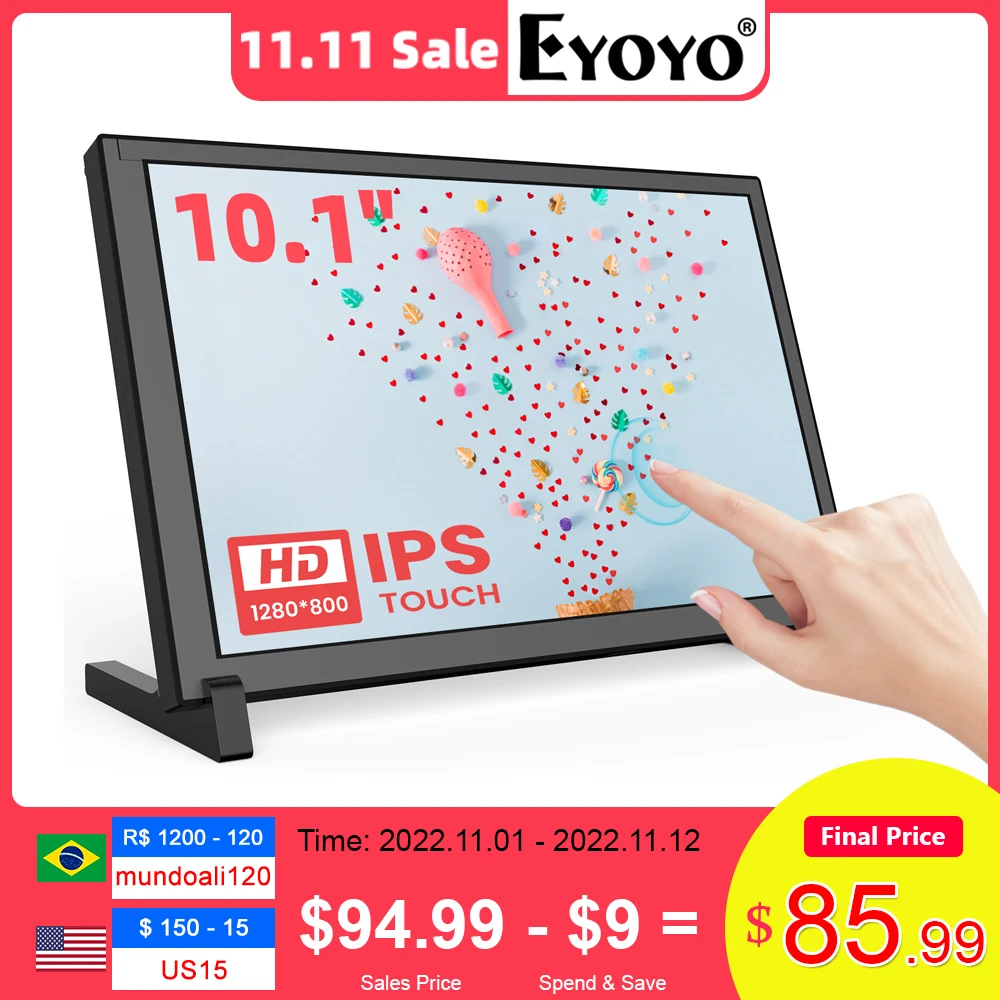 

Eyoyo Monitor 10.1 inch Capacitive Touchscreen Portable 1280x800 IPS Display For Raspberry Pi Plug And Play Compatible Win 8/10